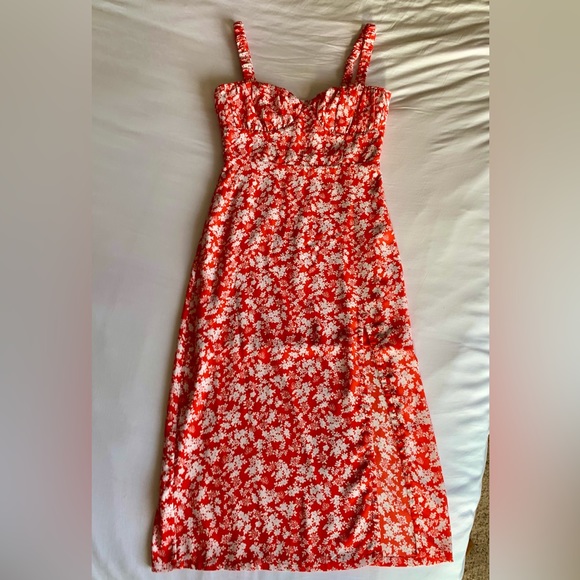 Red and White Floral Midi Dress with Slit - Picture 3 of 6